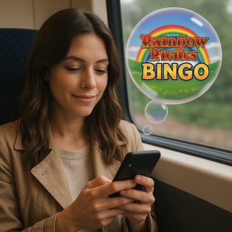 An image of a woman sitting on the train with her mobile in her hand, in a bubble above her mobile it says Rainbow Riches Bingo in bold text