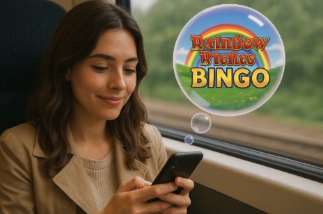 An image of a woman sitting on the train with her mobile in her hand, in a bubble above her mobile it says Rainbow Riches Bingo in bold text