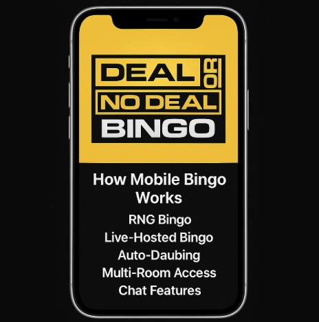 An image of a silver mobile on a black background, on the mobile screen is a DEAL OR NO DEAL BINGO image and underneath white text outlining how mobile bingo works