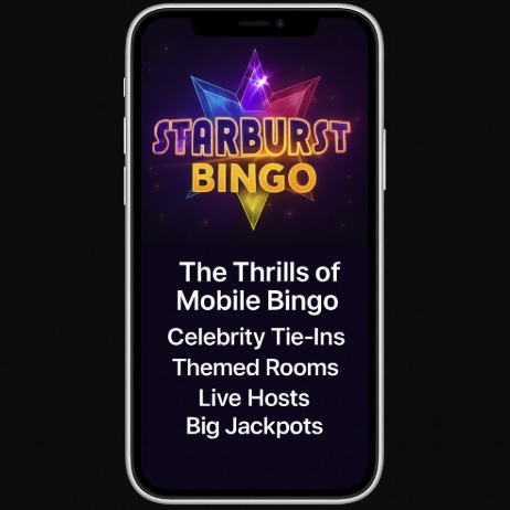 An image of a silver mobile phone on a black background, on the screen is a Starburst Bingo themed image folllowed by white text outlining The Thrills of Mobile Bingo