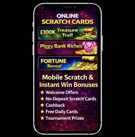 An image of a silver mobile on a black background, on the screen is a variety of scratch card games and text relating to RNG's in white