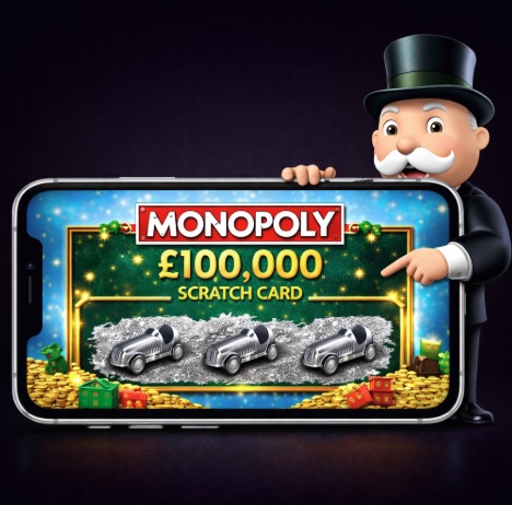 An image of a silver mobile phone being held by the Monopoly man with a scratch card on the mobile screen showing three matching cars