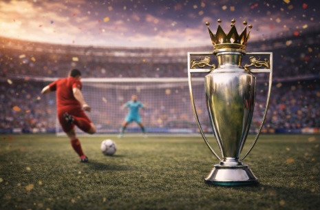 An image of a footballer kicking the ball at the goal with a close up trophy on the right