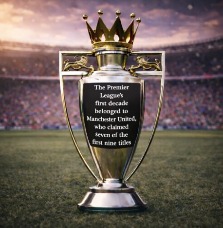 An image of a Premier League style trophy up close with text relating to how Manchester United claimed seven of the first nine titles