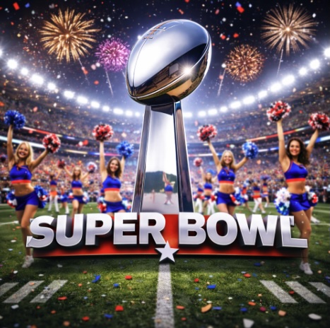 An image of a close up of a trohpy similar to the Super Bowl trophy surrounded by cheerleaders on the field, fireworks in the sky and SUPER BOWL written in bold white text