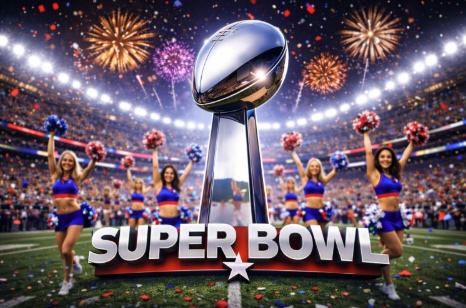 An image of a close up of a trohpy similar to the Super Bowl trophy surrounded by cheerleaders on the field, fireworks in the sky and SUPER BOWL written in bold white text
