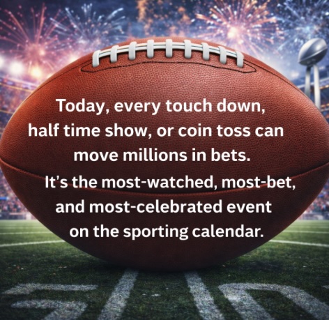 An image of a giant NFL ball on a field surrounded by fireworks, on the ball in bold white text it outlines how the Super Bowl is the most watched, most bet and most celebrated event on the sporting calender