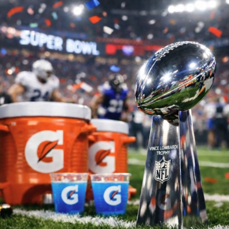 An image of the Super Bowl with the Gatorade drink bins and a trophy