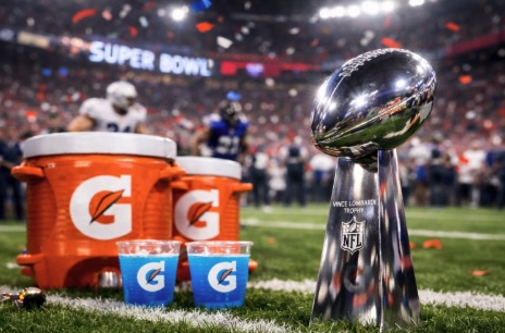 An image of the Super Bowl with the Gatorade drink bins and a trophy