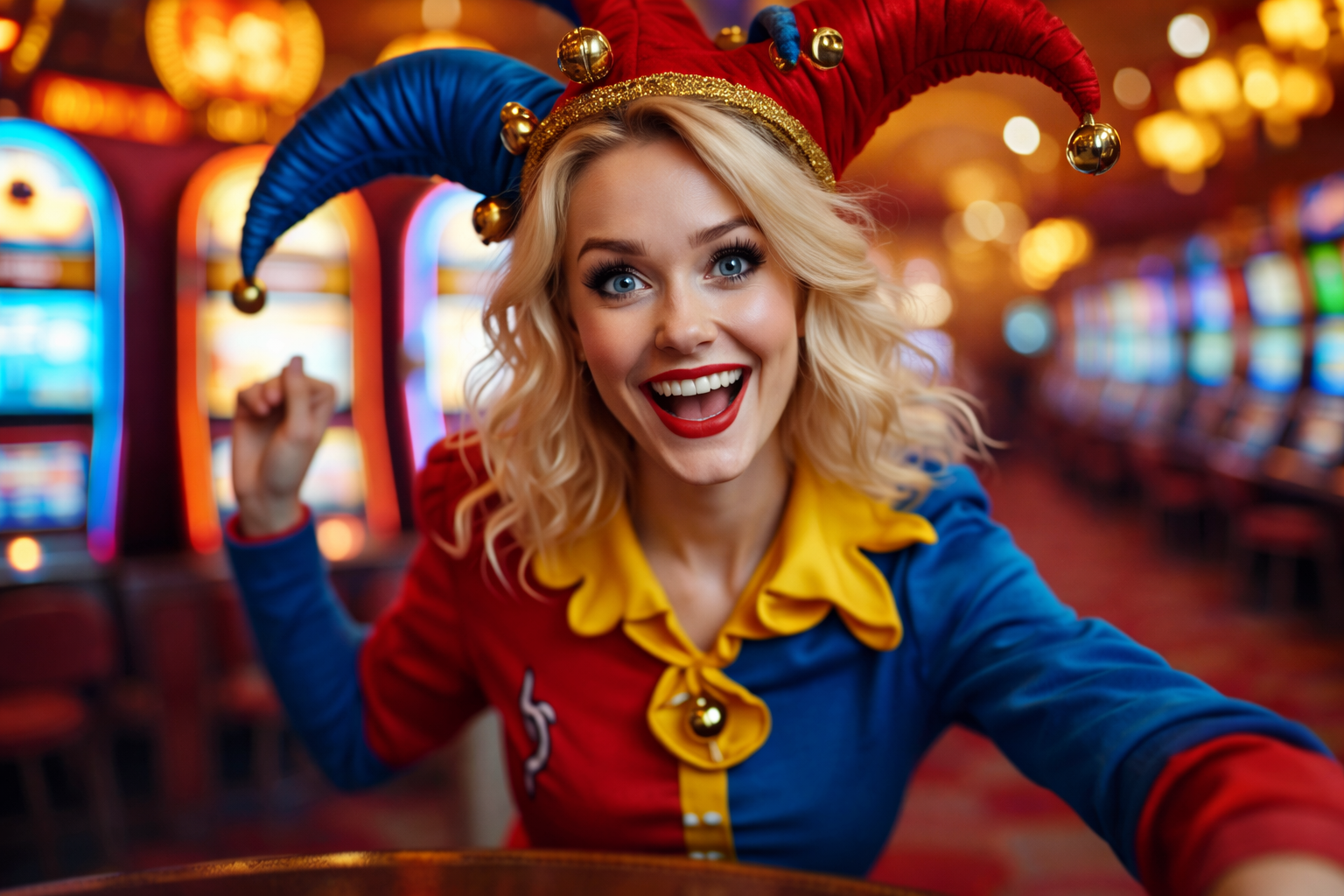 Cute, playful female jester with blonde hair in a vibrant casino, wearing a red, yellow, and blue jester outfit with a matching jester hat.