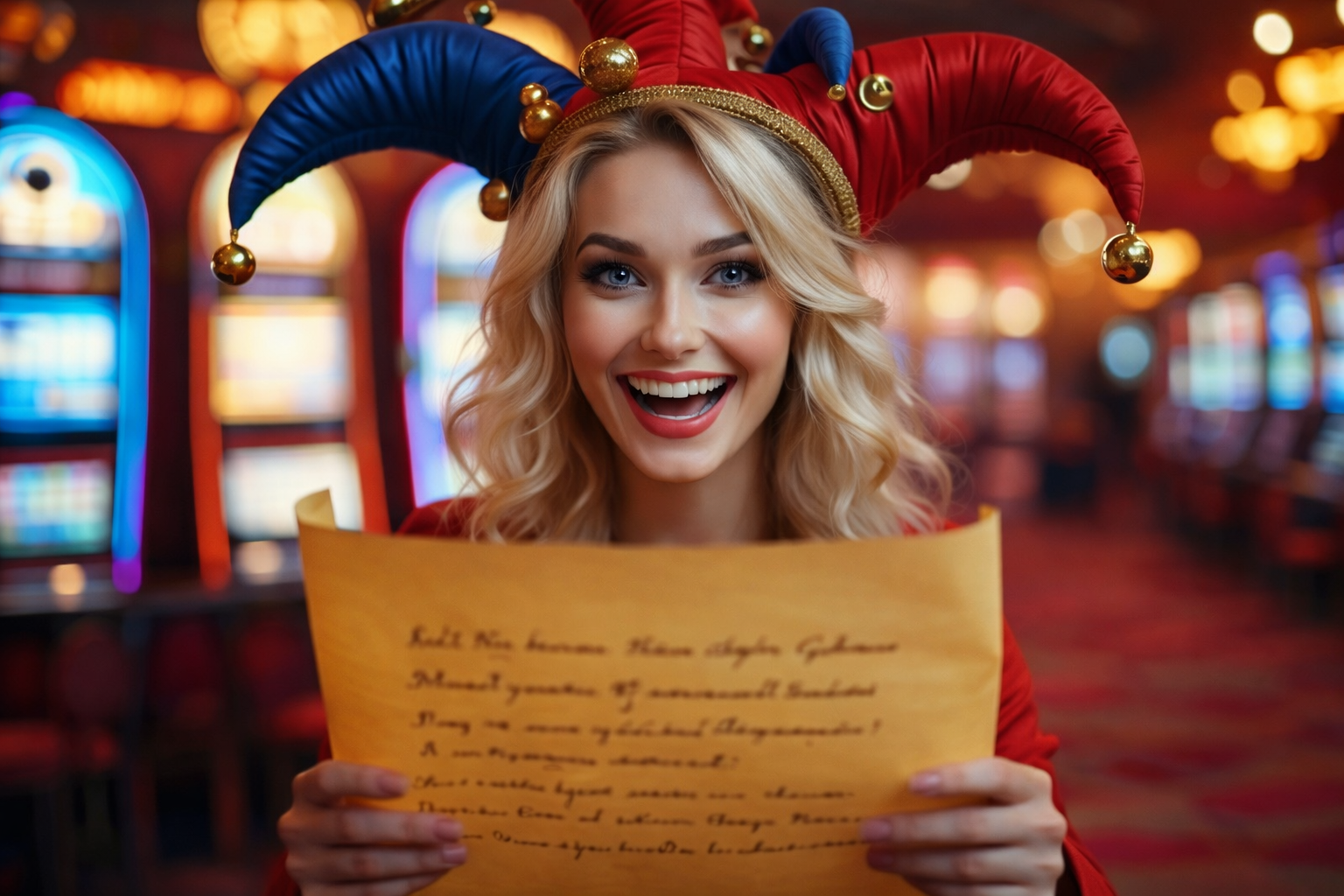 Cute, playful female jester with blonde hair in a vibrant casino, wearing a red, yellow, and blue jester outfit with a matching jester hat. holding a scroll