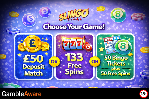 Slingo Casino monthly bonus offer with colourful graphics and promo text on a vibrant background.