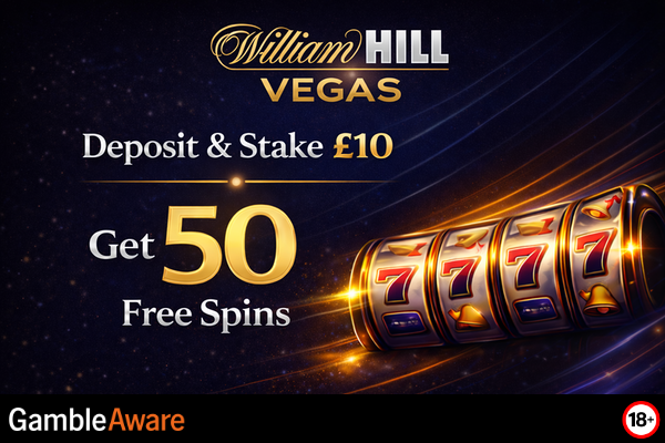 William Hill Casino monthly bonus offer with colourful graphics and promo text on a vibrant background.