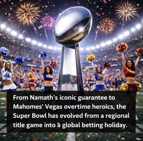 An image of the Super bowl trophy close up with a black banner and white text outlining how the Super Bowl has evolved from a regional title game into a global betting holiday