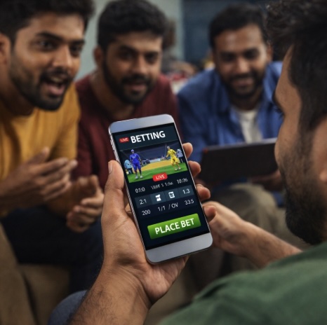 An image of a man looking at an online betting page on his mobile phone surrounded by friends in a casual environment