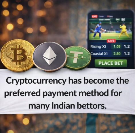An image of a mobile phone with online betting on the screen and a white banner across the image outlining that CRYPTOCURRENCY has become the preferred payment method for many Indian bettors