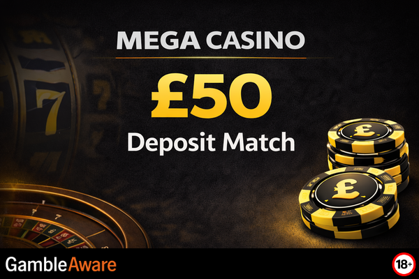 Mega Casino monthly bonus offer with colourful graphics and promo text on a vibrant background.