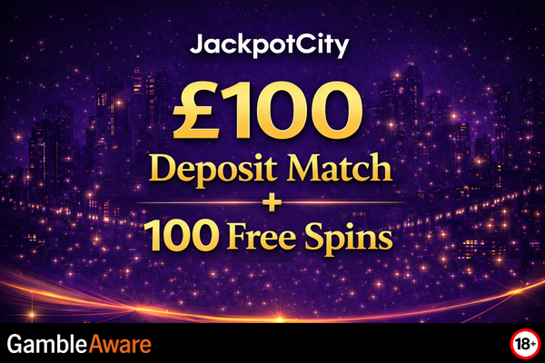 Jackpot City Casino monthly bonus offer with colourful graphics and promo text on a vibrant background.