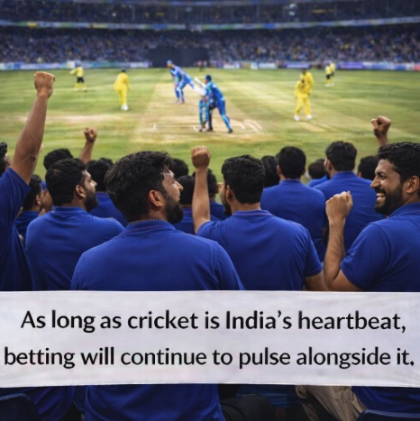 An image of a group of spectators at a cricket game celebrating with black text on a white banner stating that AS LONG AS CRICKET IS INDIA'S HEARTBEAT, BETTING WILL CONTINUE TO PULSE ALONGSIDE IT
