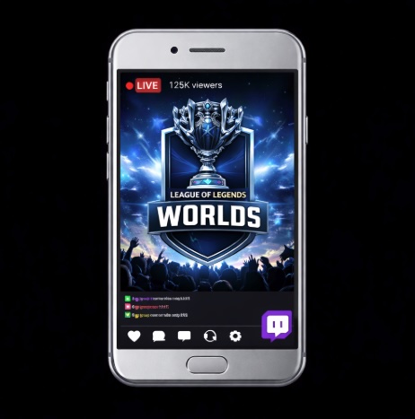 An image of a silver mobile phone on a black background, on the screen is an image relating to League of Legends