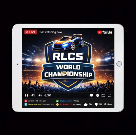 An image of a silver ipad on a black background, on the screen is an image relarting to RLCS streaming on YouTube
