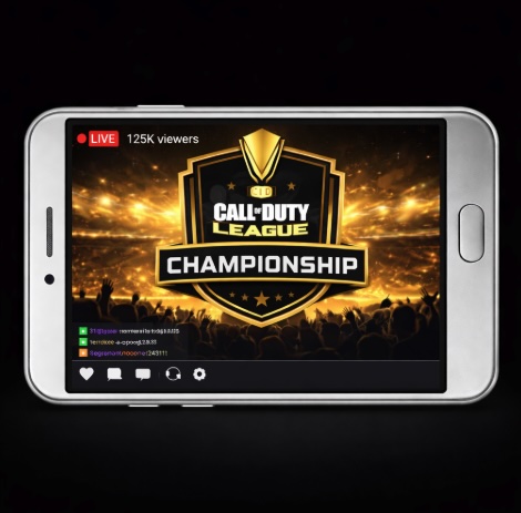 An image of a silver mobile phone on a black background, on the screen is an image similar to Call of Duty being streamed online