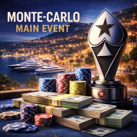 An image of a table covered in poker chips, cash and a trophy infront of a harbour with text saying MONTE-CARLO MAIN EVENT