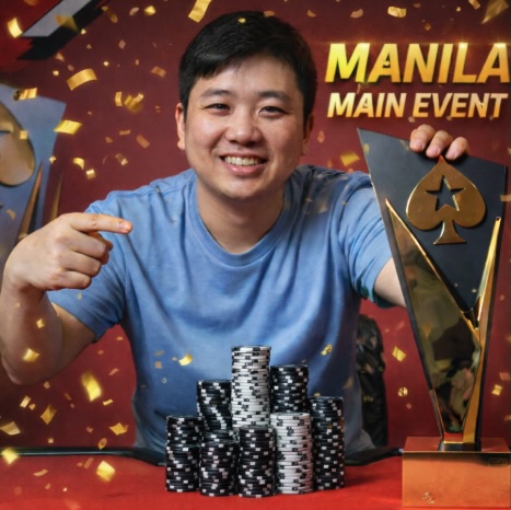 An image of a man with a stanck of poker chips and a trophy at an event similar to the Manila Main Event