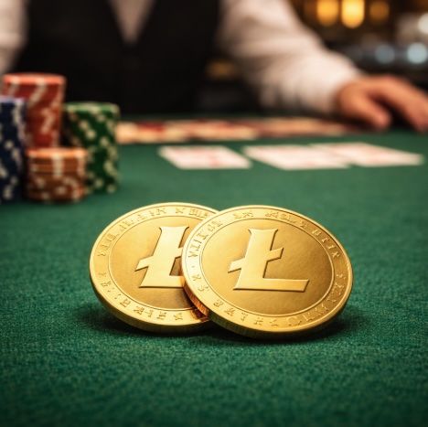 An image of gold coins on a table similar to Litecoins in a casino setting