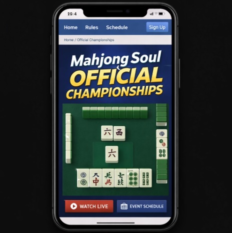 An image of a silver mobile phone on a black background, on the screen is an image similar to the Mahjong Soul Official Championships online