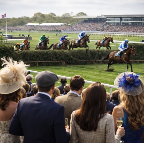 An image from the spectators angle of watching a horse race similar to the Grand National