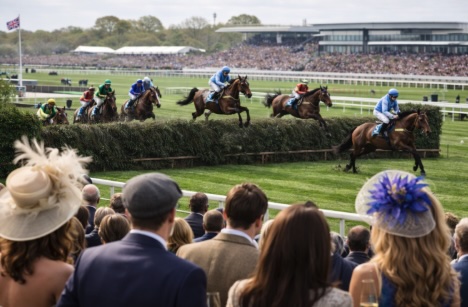 An image from the spectators angle of watching a horse race similar to the Grand National