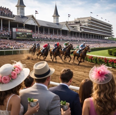 An image from the spectator view of watching a race similar to the Kentucky Derby in the USA