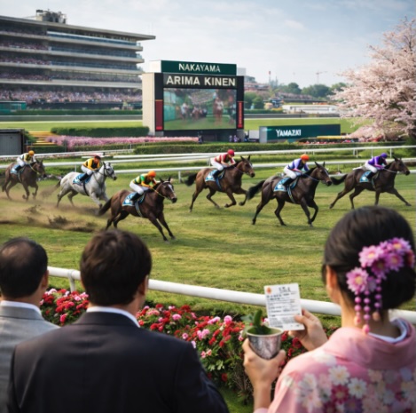 An image from the spectator angle watching a horse race in Japan similar to the Arima Kinen