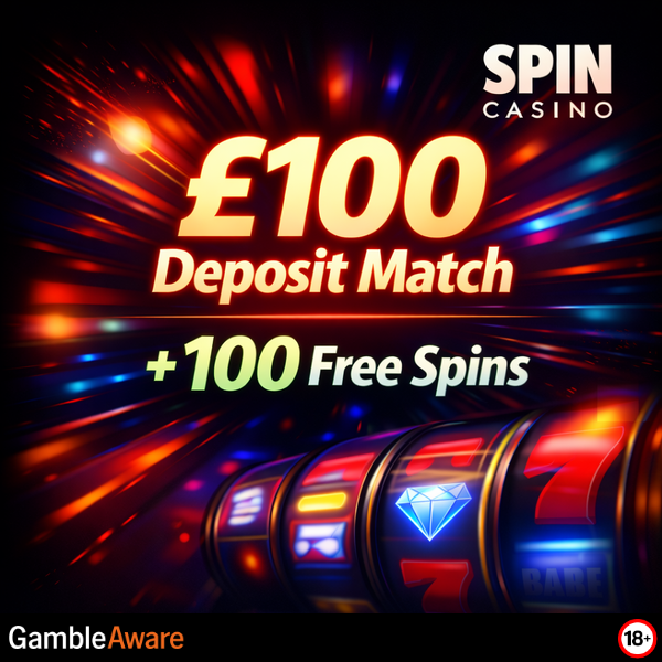 Spin Casino monthly bonus offer with colourful graphics and promo text on a vibrant background.