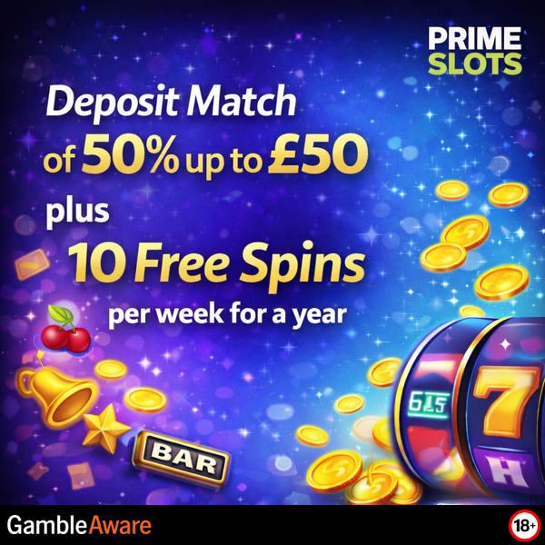 Prime Slots Casino monthly bonus offer with colourful graphics and promo text on a vibrant background.