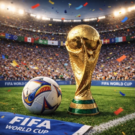 An image of a gold trophy with a football next to it on a football pitch in a stadium similar to the FIFA World Cup