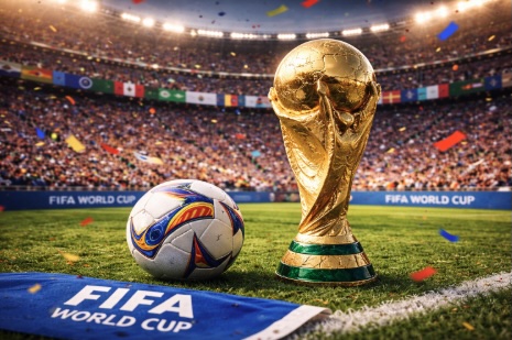 An image of a gold trophy with a football next to it on a football pitch in a stadium similar to the FIFA World Cup