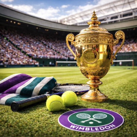 An image of a gold trophy, with a towel, tennis racket, two tennis balls and a badge saying Wimbledon on the grass court
