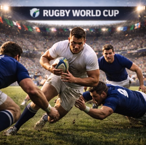 An image of rugby players mid game in a game similar to the Rugby World Cup
