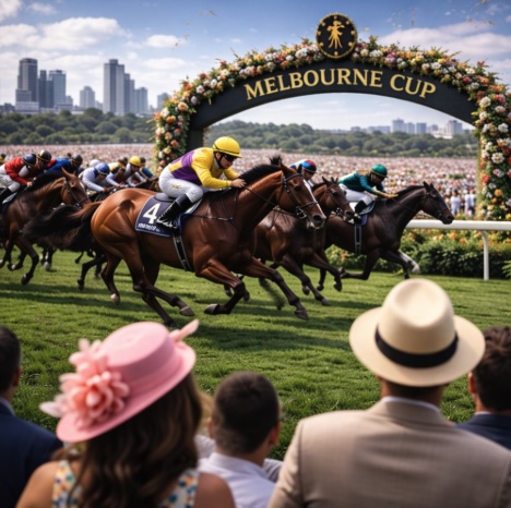 An image of horses racing similar to the Melbourne Cup in Australia