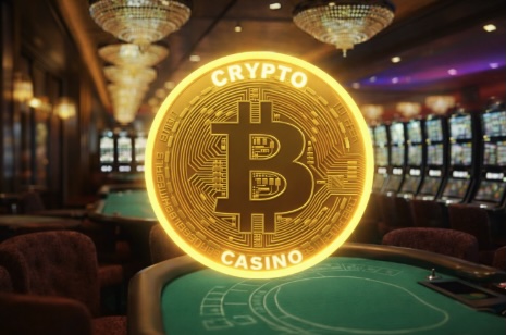 A giant bitcoin above a blackjack table saying CRYTPO CASINO on the coin