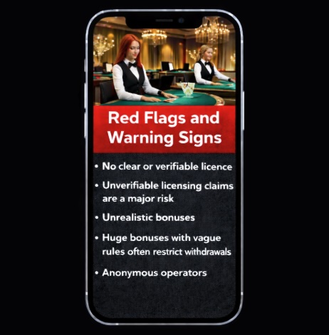 An image of a silver mobile phone on a black background, on the screen is a casino background with text outlining RED FLAGS AND WARNING SIGNS