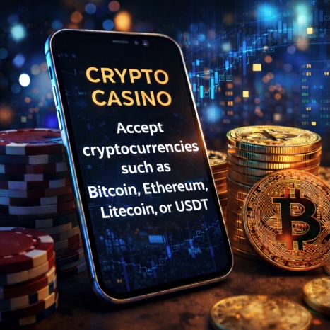 An image of a silver mobile on a table surrounded by BItcoin and poker chips, on the mobile screen in bold text it outlines cryptocurrencies Crypto Casinos accept