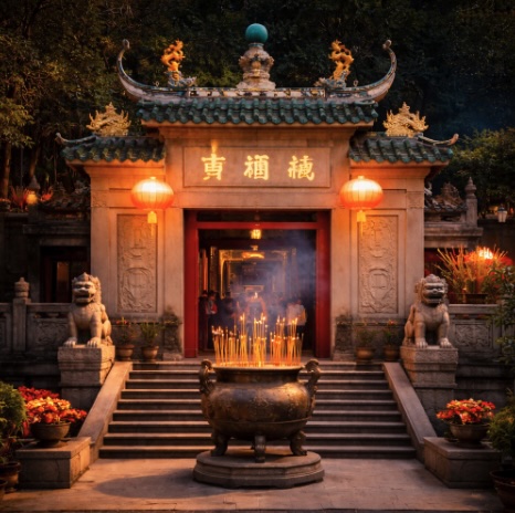 An image of a temple similar to the A-Ma Temple in Macau in the evening lit by lanterns