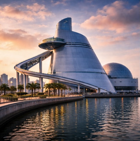 An image of a building on the waterside similar to the Macao Science Center