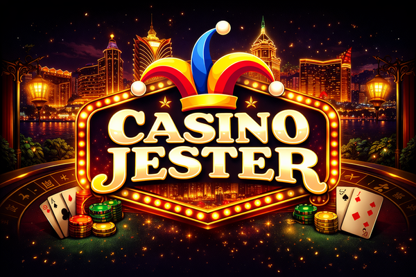 Casino Jester logo with bold white text on a black background, topped by a colourful jester hat in red, yellow, and blue.