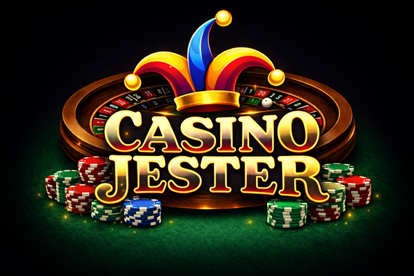 Casino Jester logo with bold white text on a black background, topped by a colourful jester hat in red, yellow, and blue.