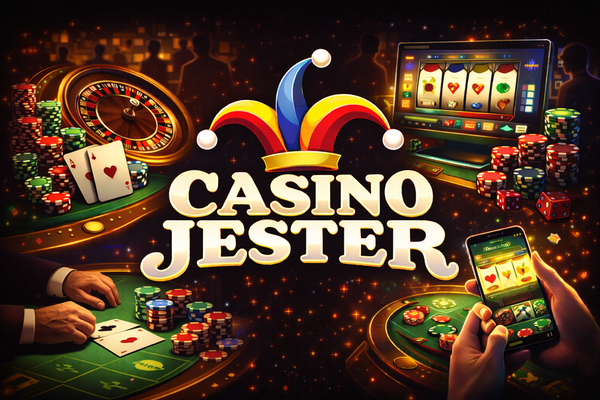 Casino Jester logo with bold white text on a black background, topped by a colourful jester hat in red, yellow, and blue.