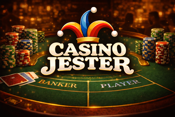 Casino Jester logo with bold white text on a black background, topped by a colourful jester hat in red, yellow, and blue.